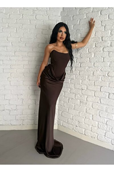 moneta boutique Kadın Üst Korse Detaylı Saten Straplez Uzun Elbise
