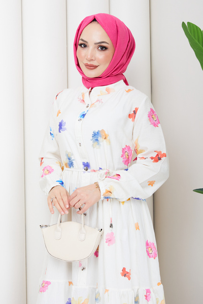 Pamuk Butik Kadın Belden Bağlamalı Tropikal Desenli Elbise