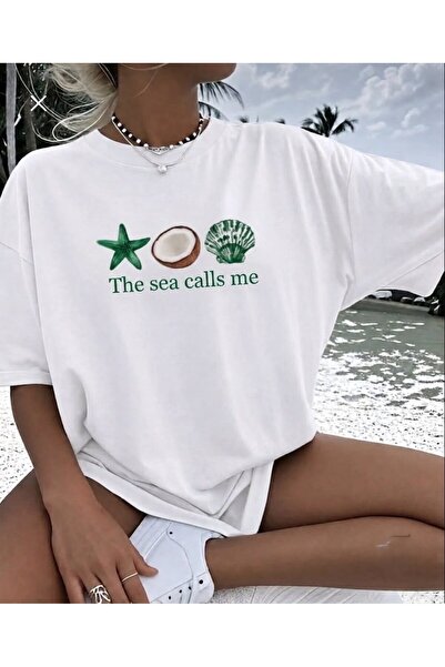 LELVANİ Women's the Sea Calls Me Printed Crew Neck T-Shirt