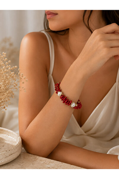 QUEENELA Coral Stone Baroque Pearl Detailed Handmade Women's Bracelet – Red N...
