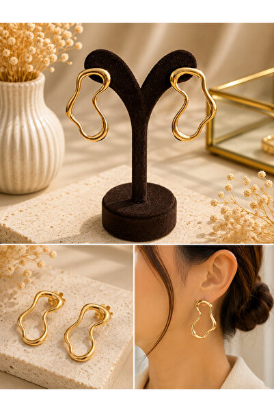 Kadın Gold Organik Form Çelik Küpe | Paslanmaz Çelik | Modern Minimal Tasarım