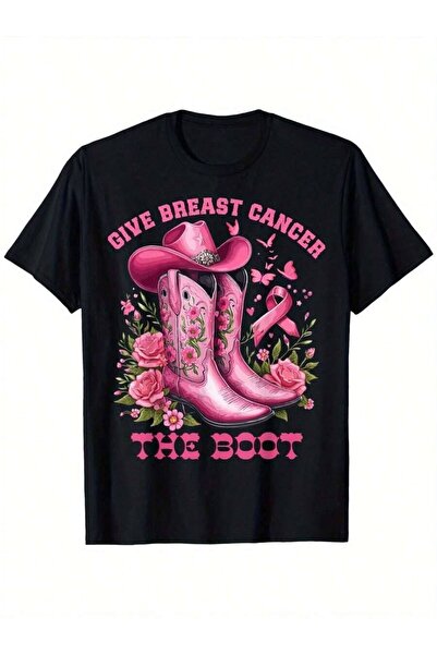 4CR Give Breast The Boot Cowgirl Cancer Awareness Ribbon T-Shirt 100%Pure Cot...