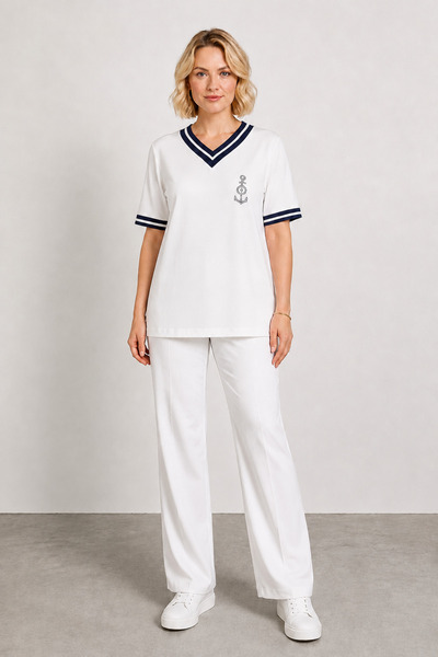 bihan store Women's V-Neck Anchor Embroidered Short Sleeve Blouse Y26-884 - W...