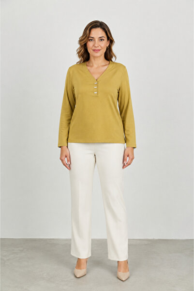 bihan store Women's V-Neck Button Detailed Long Sleeve Women's Blouse Y26-700...