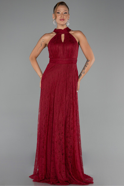 Abiyefon Bordo Halter Yaka Uzun Dantel Abiye Elbise ABU6313