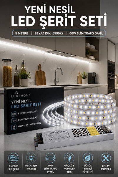 luxshome Yeni Nesil LED Şerit Seti 5 Metre Gün Işığı (3000K) | 60W Slim Trafo...