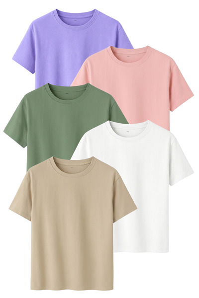 DK DAKSEL 5-Pack Regular Fit Cotton T-Shirt Set Lilac Powder Çağla White Stone