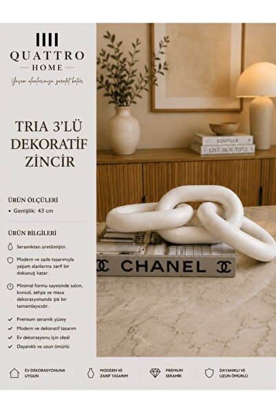 QUATTRO HOME Tria 3’lü Beyaz Seramik Dekoratif Zincir – Modern Sehpa ve Kitap...