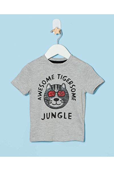 REDTAG Infant Boys Grey Melange Tiger Jungle Print T-Shirt