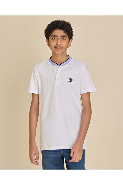REDTAG Senior Boys White Mandarin Collar T-Shirt
