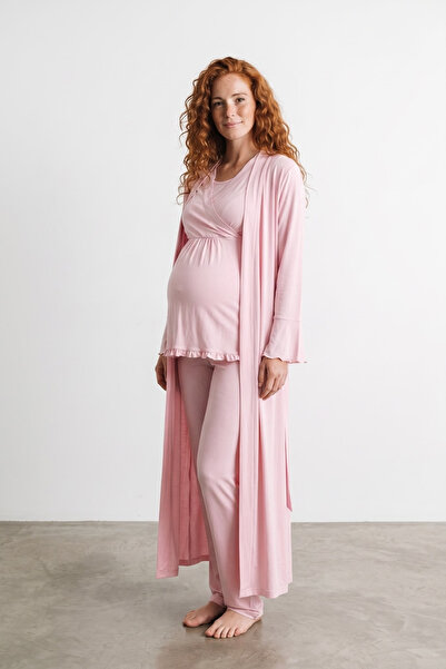Effortt Venera Cotton 3-Piece Maternity Set - Dressing Gown and Pajama Set wi...