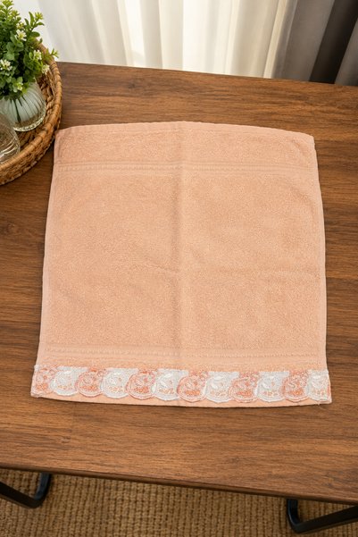 EastWest Trading Square Lace Detailed Faded Orange Hand and Face Towel 100% Cotton Soft Textured Decorative Guest Towel 30X30 cm