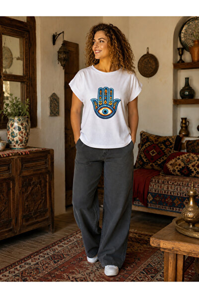 Beyaz Tshirt Baskılı Kısa Kol Bisiklet Yaka-Kadın Tişört-Üst Giyim