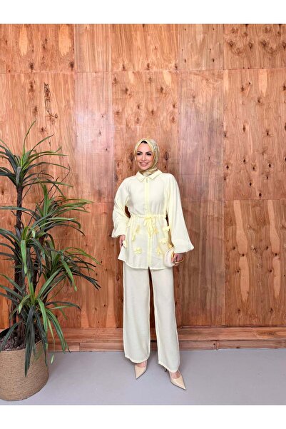 Asya Karen Lined Floral Detailed Belted Suit Yellow