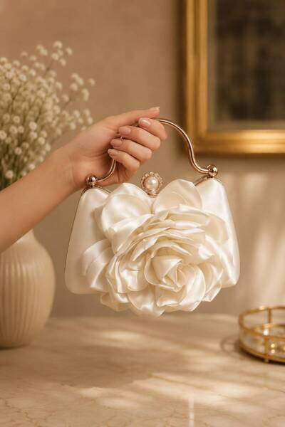 Ludira Rose Evening Dress Bag White Wedding/Wedding Invitation and Special Model Evening Dress Bag with Stone Handle Handbag/Clutch Bag