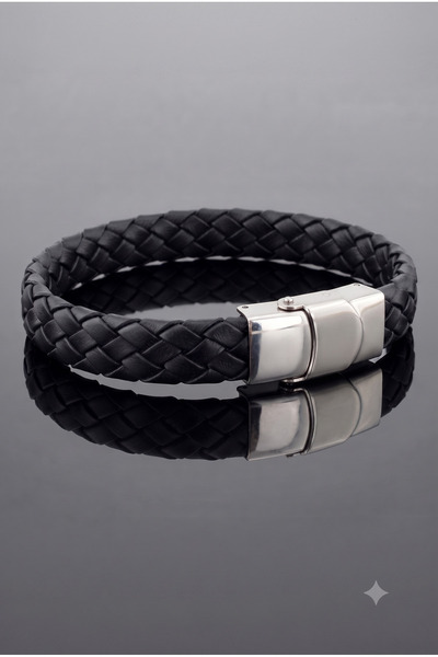 Solfera Black Braided Leather Stainless Steel Clip Men's Bracelet M065A