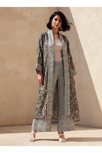 FAV LONG OPEN KIMONO WITH CONTRAST GEOMETRIC BORD