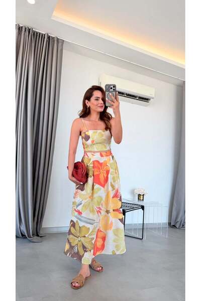 pelin yıldız butik Desenli Helene İp Askılı Crop Etek Takım