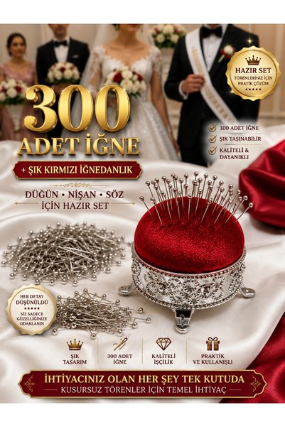 Gül İpek Moda Nişan Düğün Nikah Takı Töreni Toplu İğne Gümüş Başlı 300 adet İğne & İğnedanlık Bordo Alt Tonlu Kırmızı