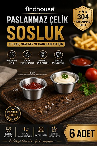 findhouse Paslanmaz Çelik 6 ADET Mini Sosluk Pizza , Burger Sunum Sosluk , Mu...