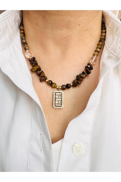 DEVİ fashion : Tiger's Eye Crystal Quartz Natural Stone Baguette Necklace 47 cm