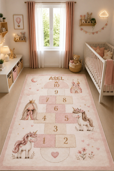 PINKIE HOME Özel İsimli Dijital Kaymaz Makine Yıkanabilir Leke Tutmaz Seksekl...
