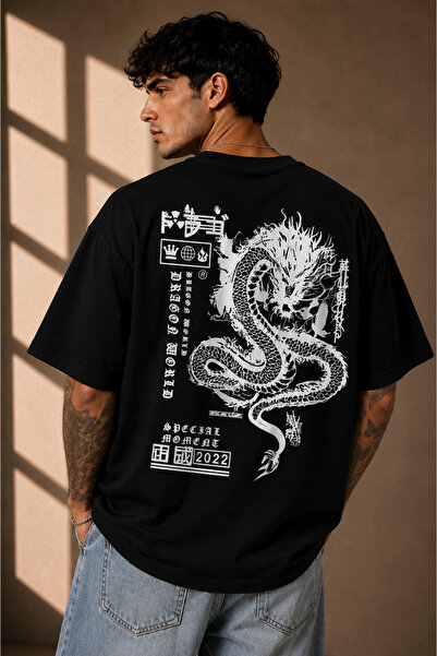 Clothify Unisex Oversize Tokyo Dragon Printed Premium T-Shirt 100% Cotton Cre...