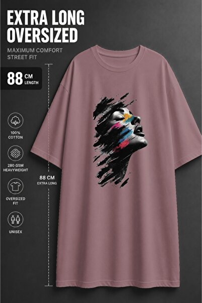 classy moda Unisex Oversized Extra Long Colorful Paint Effect Face Printed T-...