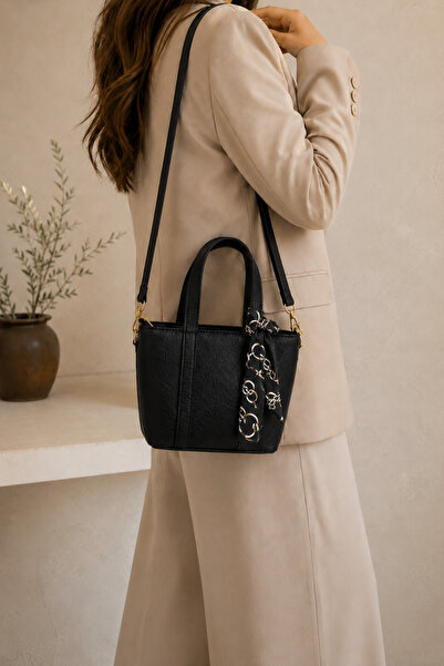 thesmt Black Scarf Detailed Double Handle Women's Hand and Shoulder Bag