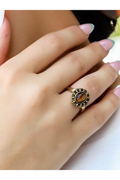 esha Natural Stone Tiger's Eye Natural Stone Tulip Model Antique Women's Adju...
