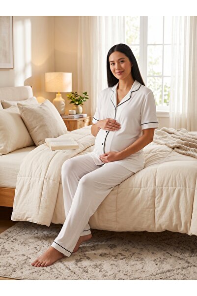 Lohusa Homewear طقم بيجامة للحوامل من القطن بنسبة 100% بأكمام قصيرة وتصميم مز...