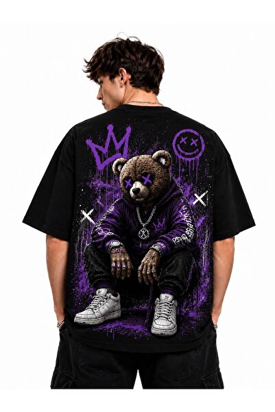 Vanteon Mor Ayıcık Graffiti Baskılı Oversize Siyah Unisex Tişört