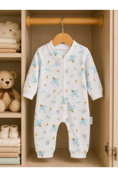 krm kerem bebe 100% Cotton Space Patterned Snap Fastener Baby Boy Ribbed Long Sleeve Jumpsuit