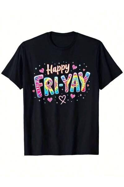 Astogria13 تي شيرت رجالي بطباعة Happy Fri Yay، خلفية سوداء مع حروف وردية وزرق...