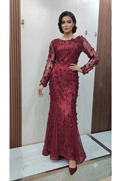 SERA Rose Gold Embossed and Embroidered Sequin Shiny Beaded Evening Dress