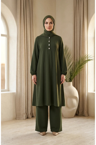 sefamerve Aerobin Fabric Half Buttoned Hijab Double Set 4148-03 Khaki