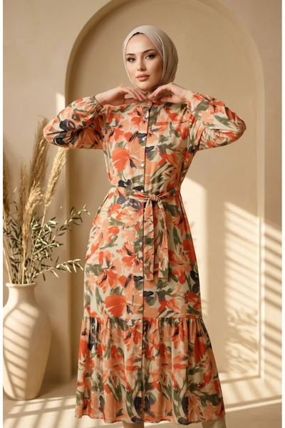 sefamerve Rochie Hijab cu nasturi și model din țesătură modal 0343-01 Portocaliu