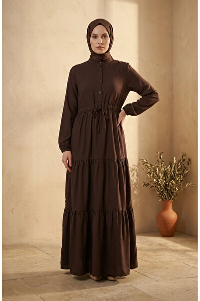 sefamerve Hakim Collar Buttoned Layered Hijab Dress 0336-01 Dark Brown