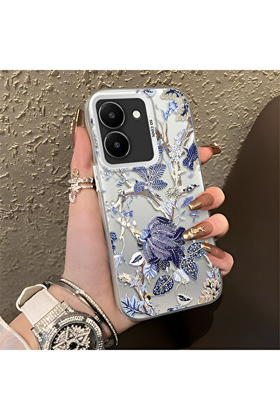 ARTISHELL Vivo Y36 4G/5G Uyumlu Mavi Botanik Kuş Çiçek Deseni Darbeye Dayanık...
