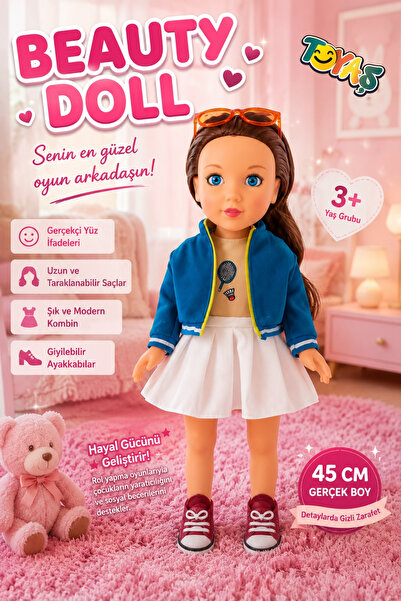 Toyaş Beauty Doll 45 cm Gerçekçi Et Bebek Uzun Saçlı Hareketli Kollu ve Bacak...