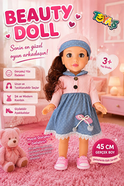 Toyaş Beauty Doll 45 cm Gerçekçi Et Bebek Uzun Saçlı Hareketli Kollu ve Bacak...