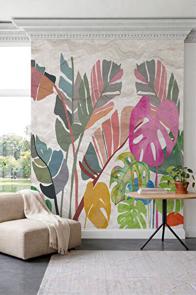 dreamwall Renkli Tropikal Yapraklar ve Monstera Desenli Tek Parça Tekstil Duv...