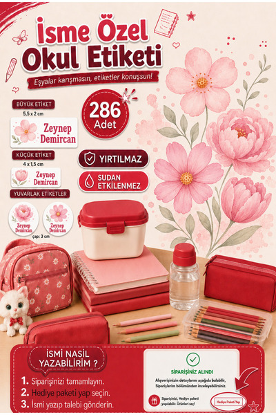 Sim Tasarım Çiçek Tema Okul Etiketi Kalem Defter Etiketi Özel İsim Yazılabile...