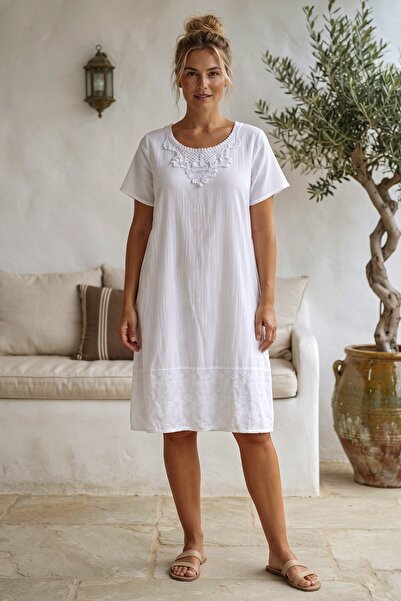 Chiccy White Lace Collar Short Sleeve Lined Skirt Embroidered Casual Cotton W...