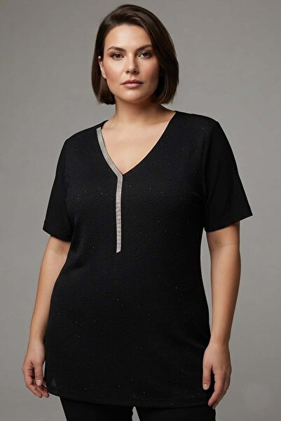 SERTUĞ Trend42Plus Plus Size Collar Stone Detailed Short Sleeve Black Blouse