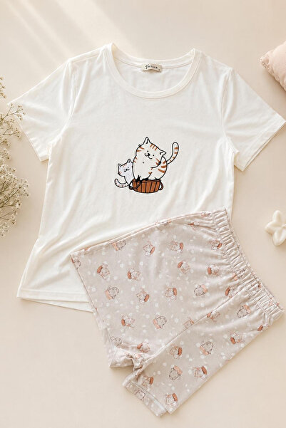 İPEKTENİM Cute Cat Printed Ecru&Beige Mix Color Short Sleeve Shorts Pajama Set
