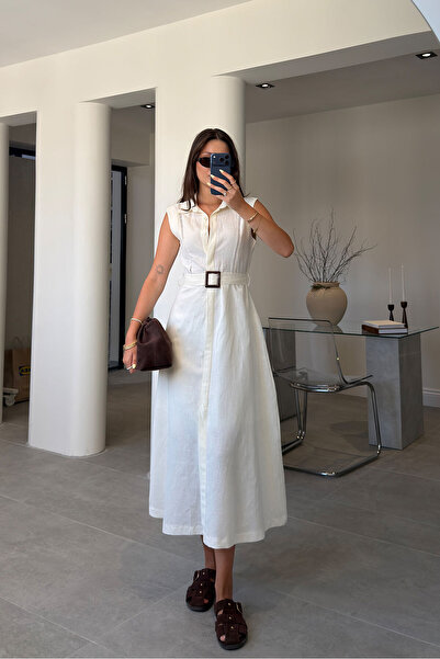 MAGARDE Linen Belted Shirt Dress - Ecru