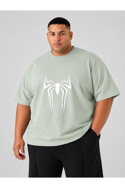 ZAVIXO Büyük Beden Erkek Oversize Örümcek Baskılı Bisiklet Yaka T-shirt