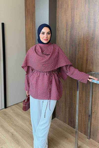 LOCCO Women's Detachable Cape Detailed Double Striped Waist Tie Shirt Burgundy