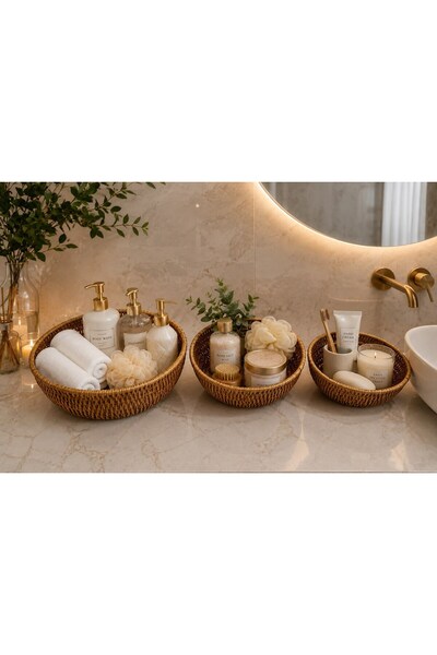 morponi Set of 3 Rattan Round Multi-Purpose Baskets - Kitchen Fruit Bowl & Ba...